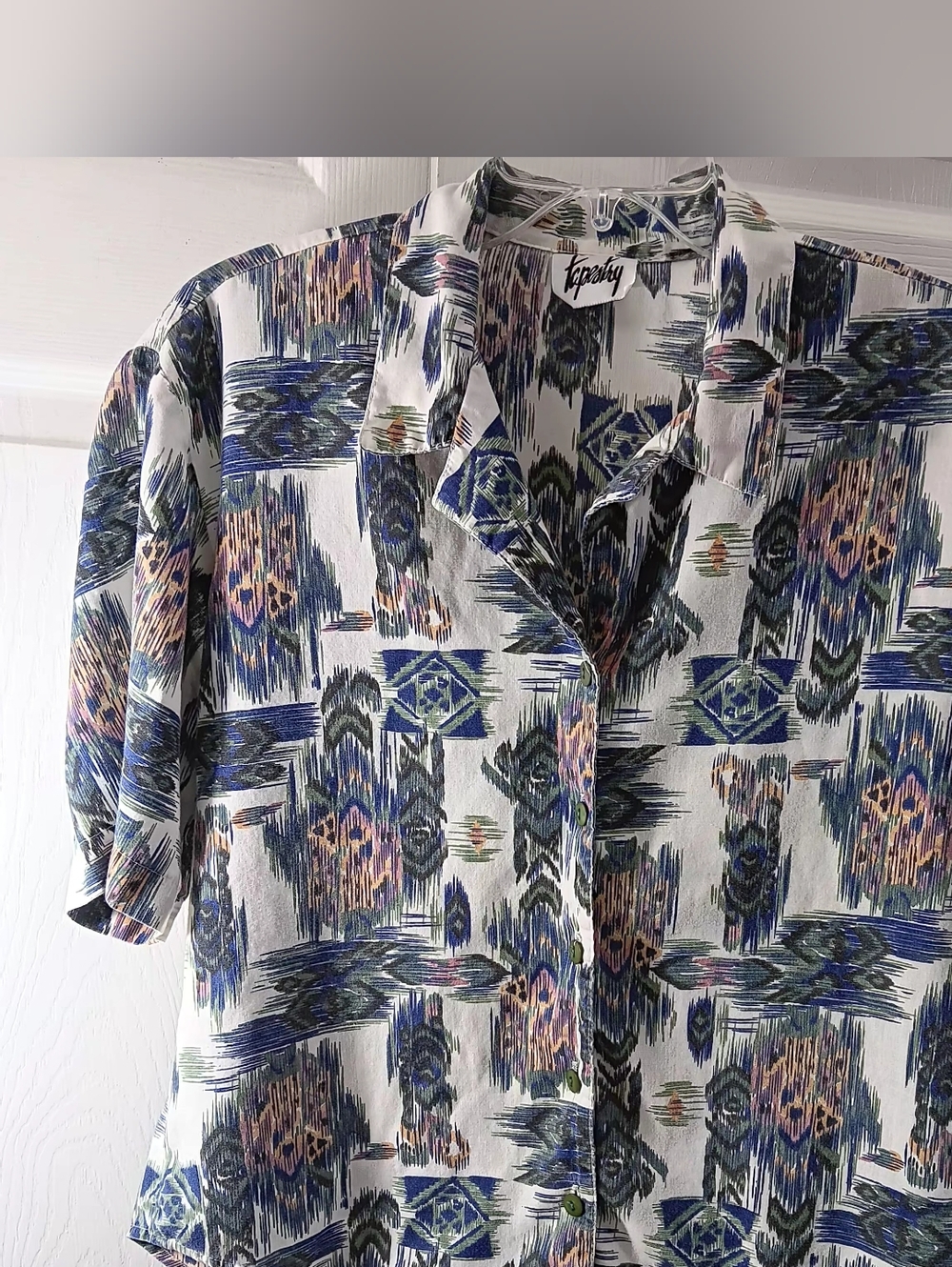 VTG Tapestry Men Women Geometric Short Sleeve  Button Down Shirt Size Small Flaw